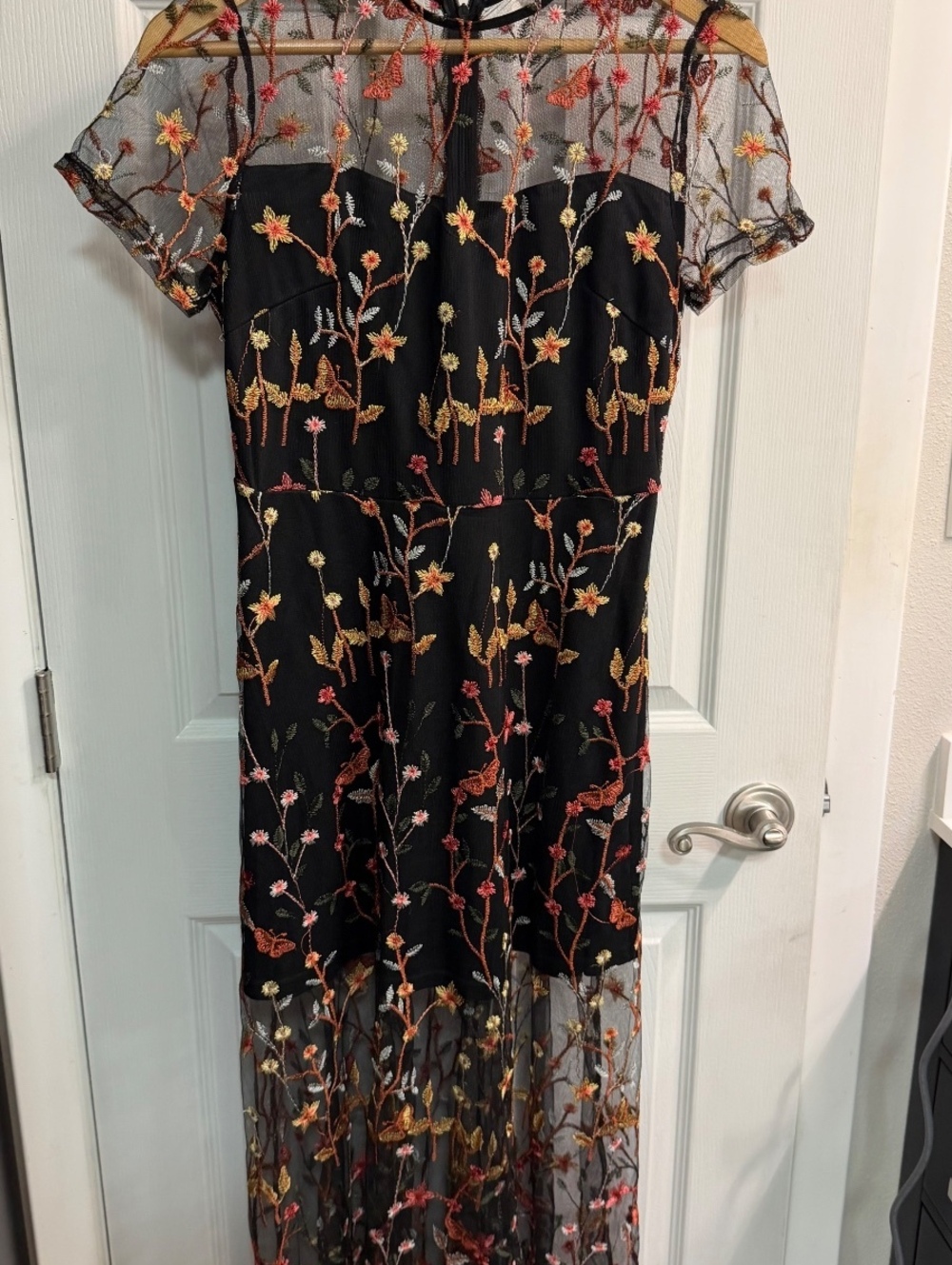 SHEIN Black Floral Butterfly Embroidered Mesh Maxi Dress M